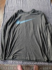 Nike Tee Dri-Fit Long Sleeve Heather Gray Blue Swoosh Men's Large Shirt