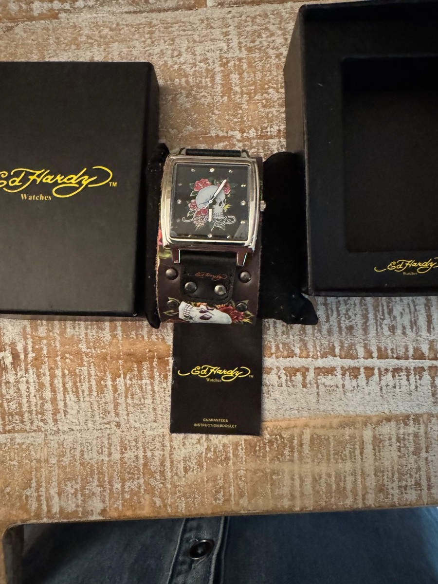 Infamous Ed Hardy skill with red roses unisex watch. Adjustable