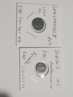 Lot Of 2 Ungraded Roman Coins Constantius II 14-15mm, JUSTIN I w/ TYCHE 13mm