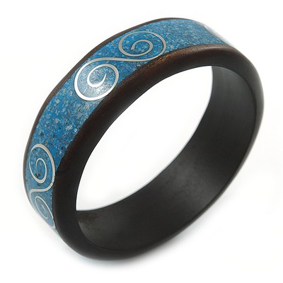 Armreif Armband dunkelbraun/hellblau Holz mit silbernen Metallintarsien - 20 cm L/