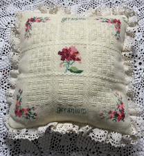 Beautiful Hand Counted Cross Stitch Pillow Geraniums with Cotton Lace Edging