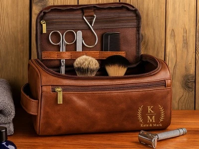 MSK CLOTHING Personalized Mens Toiletry Bag Custom Monogram Text Engraved Leather Unique Gift