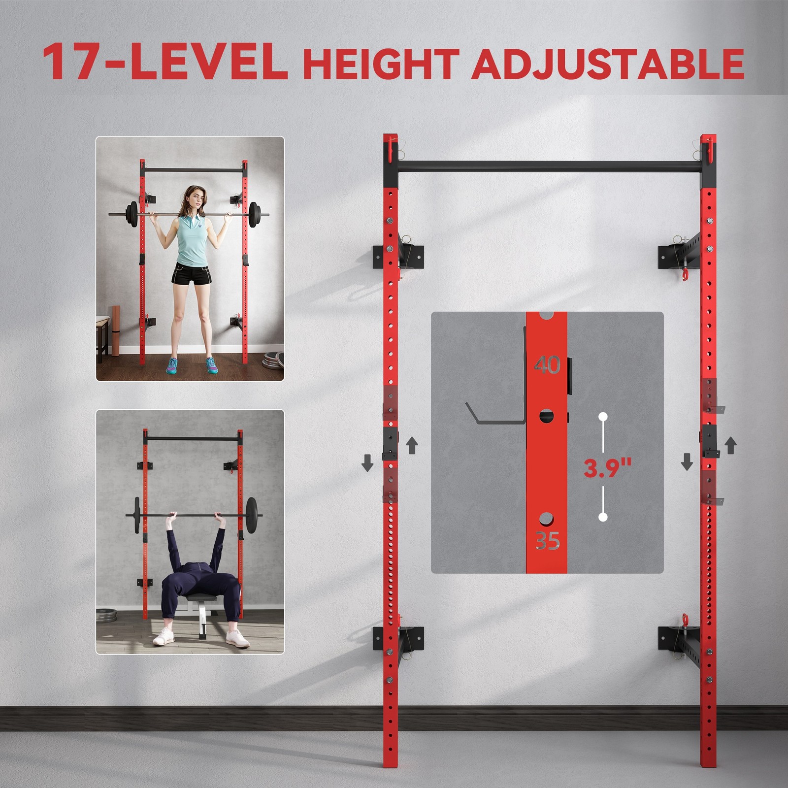 Soozier Folding Squat Rack with Pull Up Bar, 1000 Pounds Capacity, Red