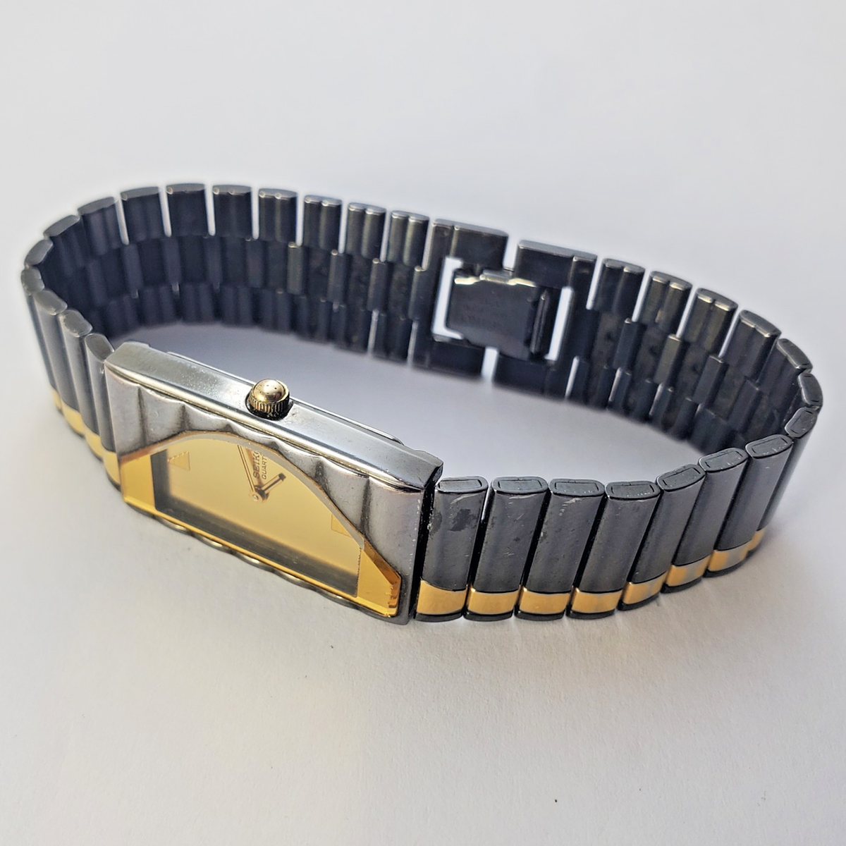 【希少 SEIKO PORTE 2P20-5G00 AC ヴィンテージ腕時計】 Seiko Half Moon Ladies Vin Two-Tone BLACK/GOLD Quartz Dress Watch