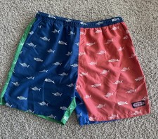 Vineyard Vines Men's L Fish Pattern Swim Shorts Blue Pink Green Elastic Waist