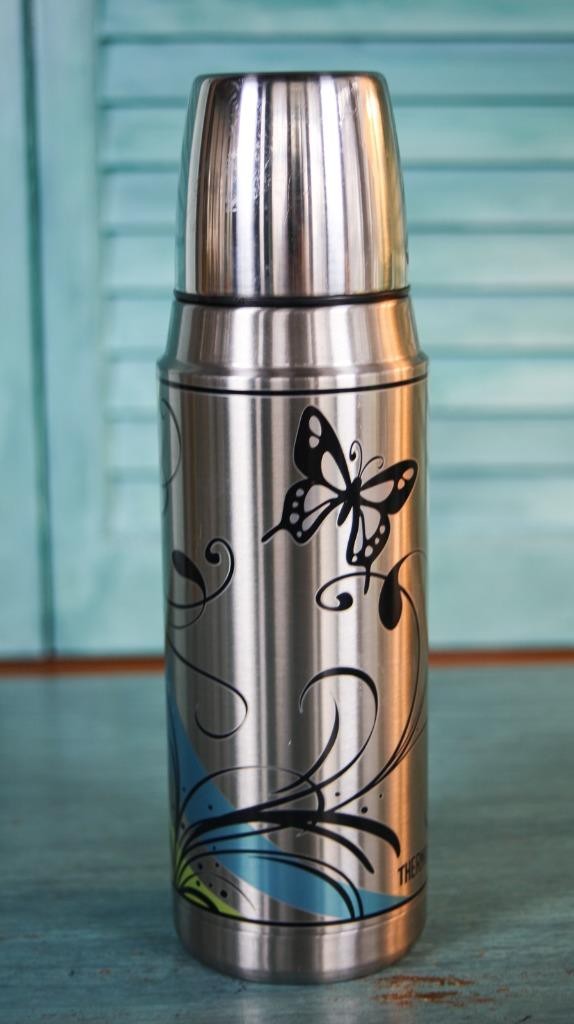 THERMOS Silver Stainless Steel 16 Ounce WHITE BUTTERFLY Vacuum Flask Bottle