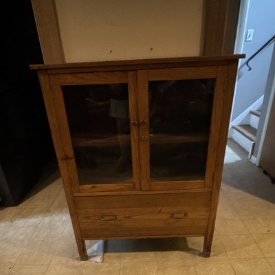 Antique Brown Stained Wood Glass Door Cabinet 30x17x44in with Drawer
