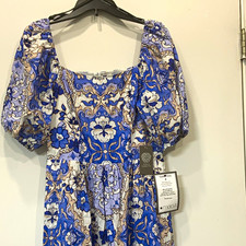 Vince Camuto Blue/White Floral Square Neck Puff Sleeve Midi A-Line Dress MSize10