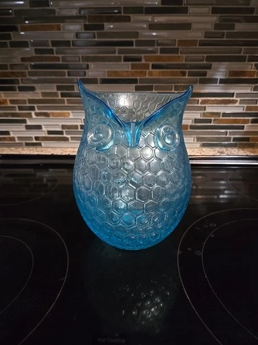 Vintage Large Blue Hand Blown Art Glass Blenko? MCM Owl Vase Honeycomb Pattern