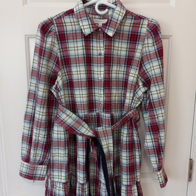 NWT! CROWN & IVY Womens Cotton Plaid Holiday 1/2 Button Dress Casual Preppy M