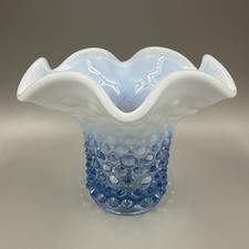 Vintage Light Blue Fenton Opalescent Hobnail Glass Vase 4.25