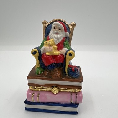 Santa&Bear on Books Christmas Holiday Porcelain Trinket Box Hinged Lid