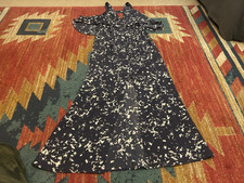 InterMix 100% Silk Navy Blue Ruffled Floral Maxi Dress Large NICE