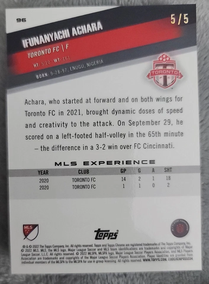 2021-22 Topps Chrome MLS Ifunanyachi Achara Red Wave /5 - Image 2 of 2