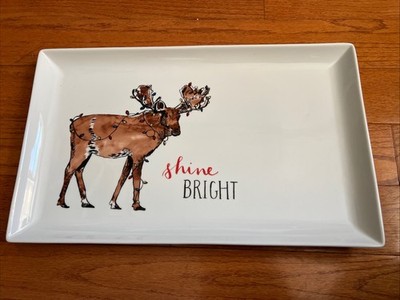 THE CELLAR Rectangular Tray SHINE BRIGHT Christmas Reindeer 17x10 Oven Safe