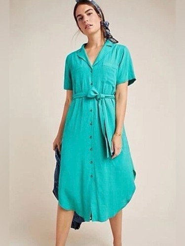 Maeve Anthropologie Teal Shirt Dress Womens Large Button Front Tie Waist Midi
