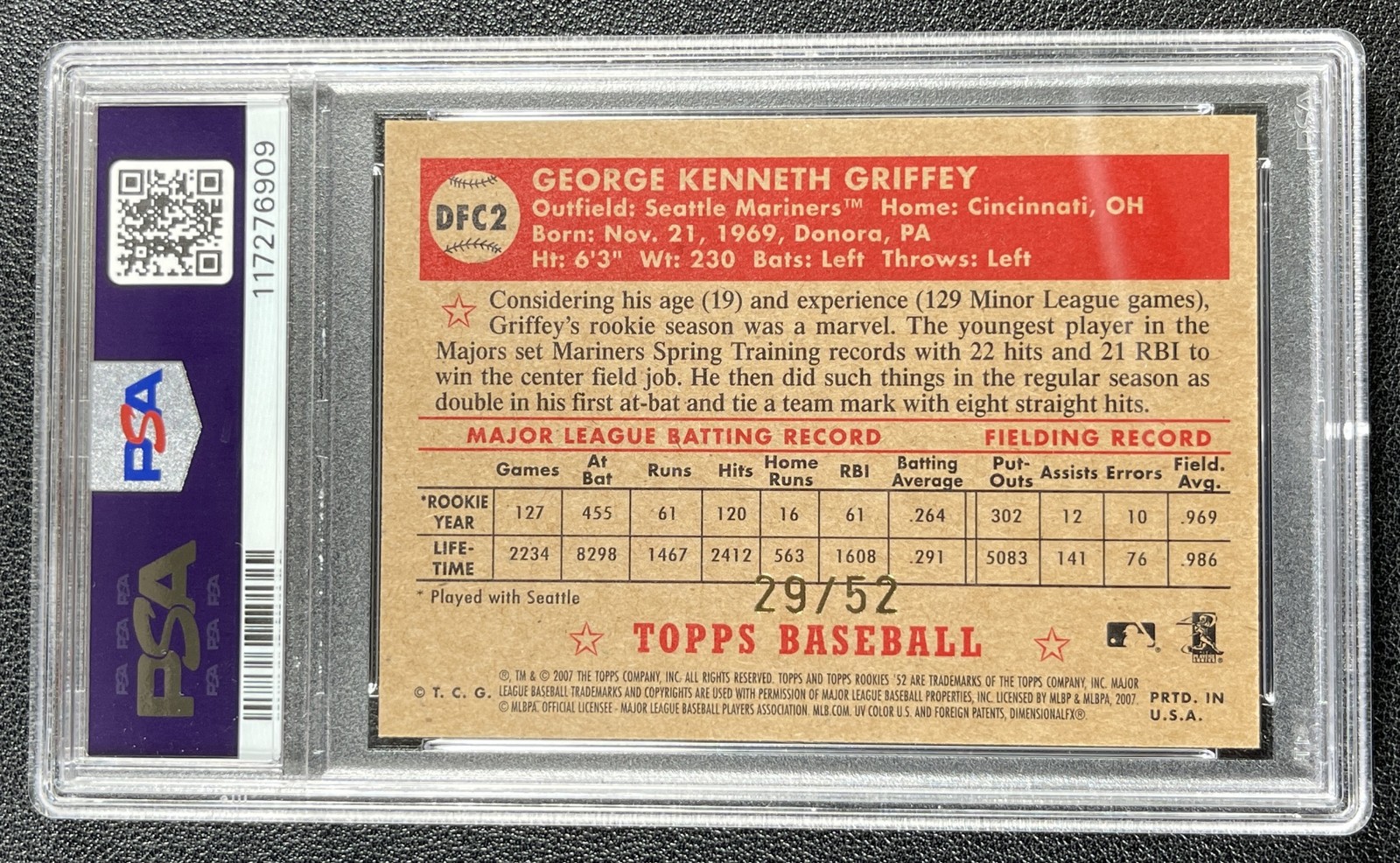 KEN GRIFFEY JR. PSA 9 2007 TOPPS CHROME 1952 DEBUT FLASHBACKS GOLD REFRACTOR /52 view 2