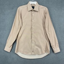 David Donahue Mens Size 16 34/35 Tan Micro Check Long Sleeve Dress Shirt