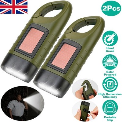 2 Stück LED Taschenlampe Solar Handkurbel Taschenlampe zum Aufziehen superhell Camping Licht UK