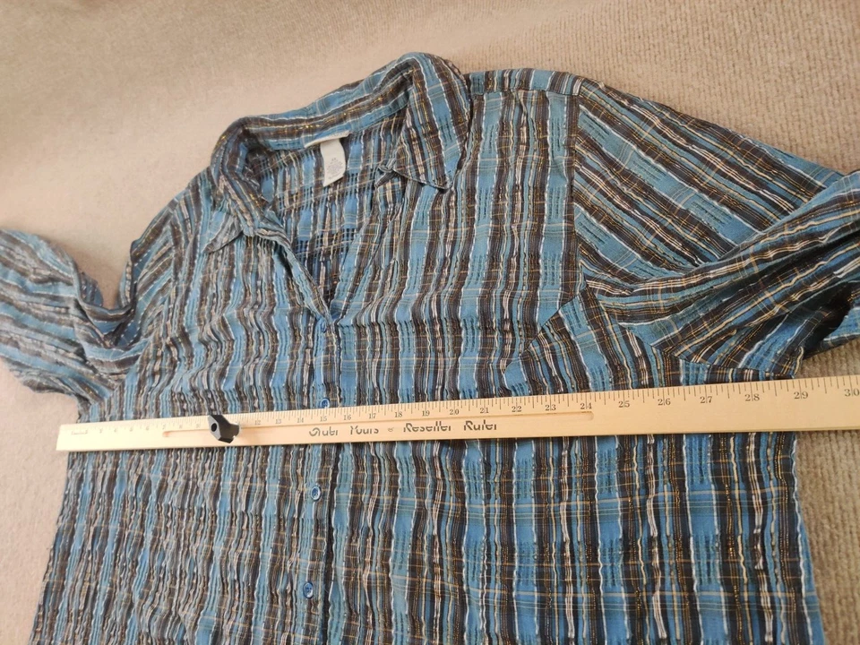 Blusa Top Liz & Me for Catherines Manga 3/4 Botones 4X Azul Negro Plateado Rayas Foto 2 de 4