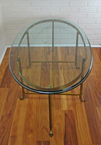 Italian Neo-Classical Regency Hoof Footed Oval Brass & Glass Cocktail Table - Picture 5 of 12
