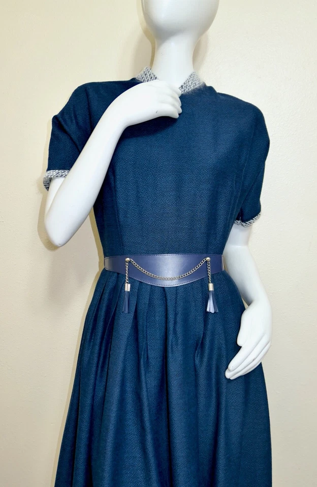 Vestido De Día Vintage Años 50 60 Falda Completa Rockabilly Angora Borde Azul Marino Mod S Foto 3 de 4