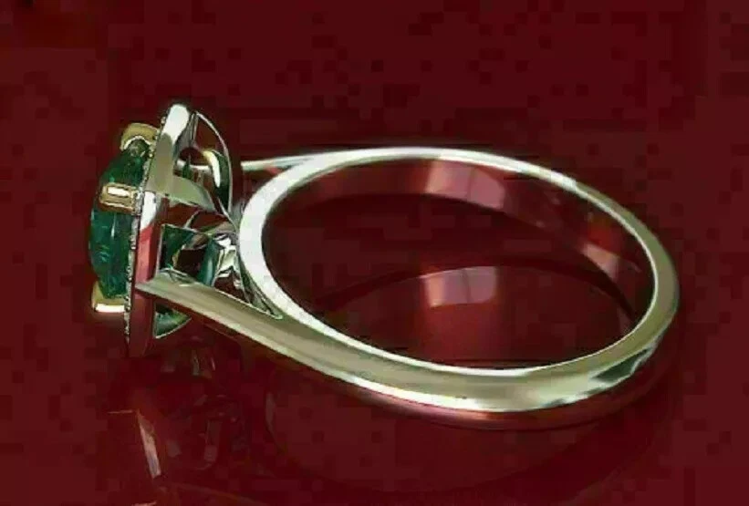 Anillo AAA de 1,90 quilates corte redondo vintage de diamantes y esmeraldas naturales de oro blanco macizo de 14 quilates Foto 3 de 4