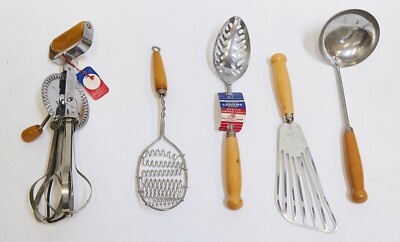 5 Vintage Ekco Wood Handle Utensils NOS