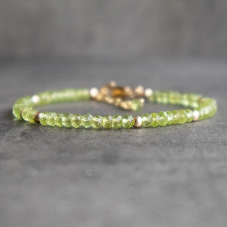 A++ Natural Green Peridot Faceted Round Gemstone Gold Filled Beads 6-8" Bracelet - Image 2 of 4