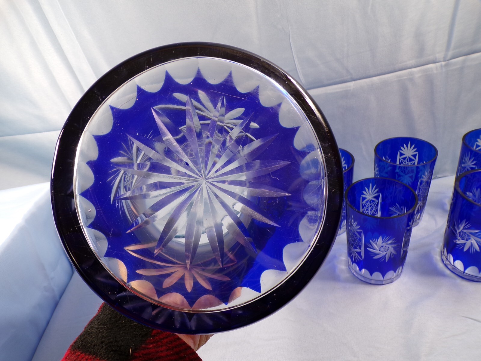 Cobalt Blue Cut to Clear Crystal Water Set - Pitcher & 5 Tumblers