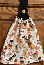 Double Hanging kitchen towel Fall Dogs pumpkin Leaves crocheted black top