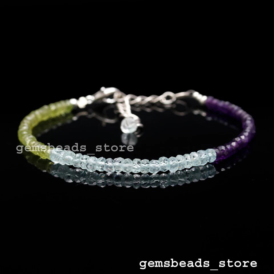 925 Sterlingsilber echter Peridot + Aquamarin + Amethyst 3-4 mm Armbänder 7 Zoll - Bild 3 von 4