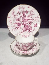 Coalport English Bone China Cairo Pink Tea Cup & Saucer Dessert Plate Trio