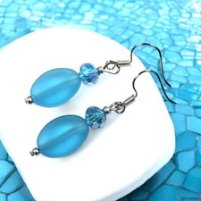 Blue Sea Glass Earrings, Sterling Silver Ear Wires, Sea Glass Dangle Earrings