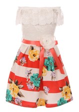 Off Shoulder Floral Lace Stripe Holiday Party Flower Girl Dress Coral Off White