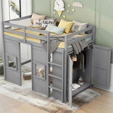 Twin Size Loft Bed w/Windows and Built-in Storage Wardrobe w/Guardrails &Ladder