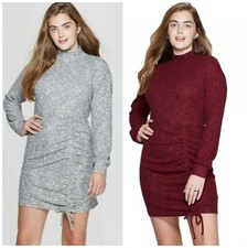 Women's M Long Sleeve Mock Neck Cinched Bottom Mini Sweater Dress Gay, Burgundy