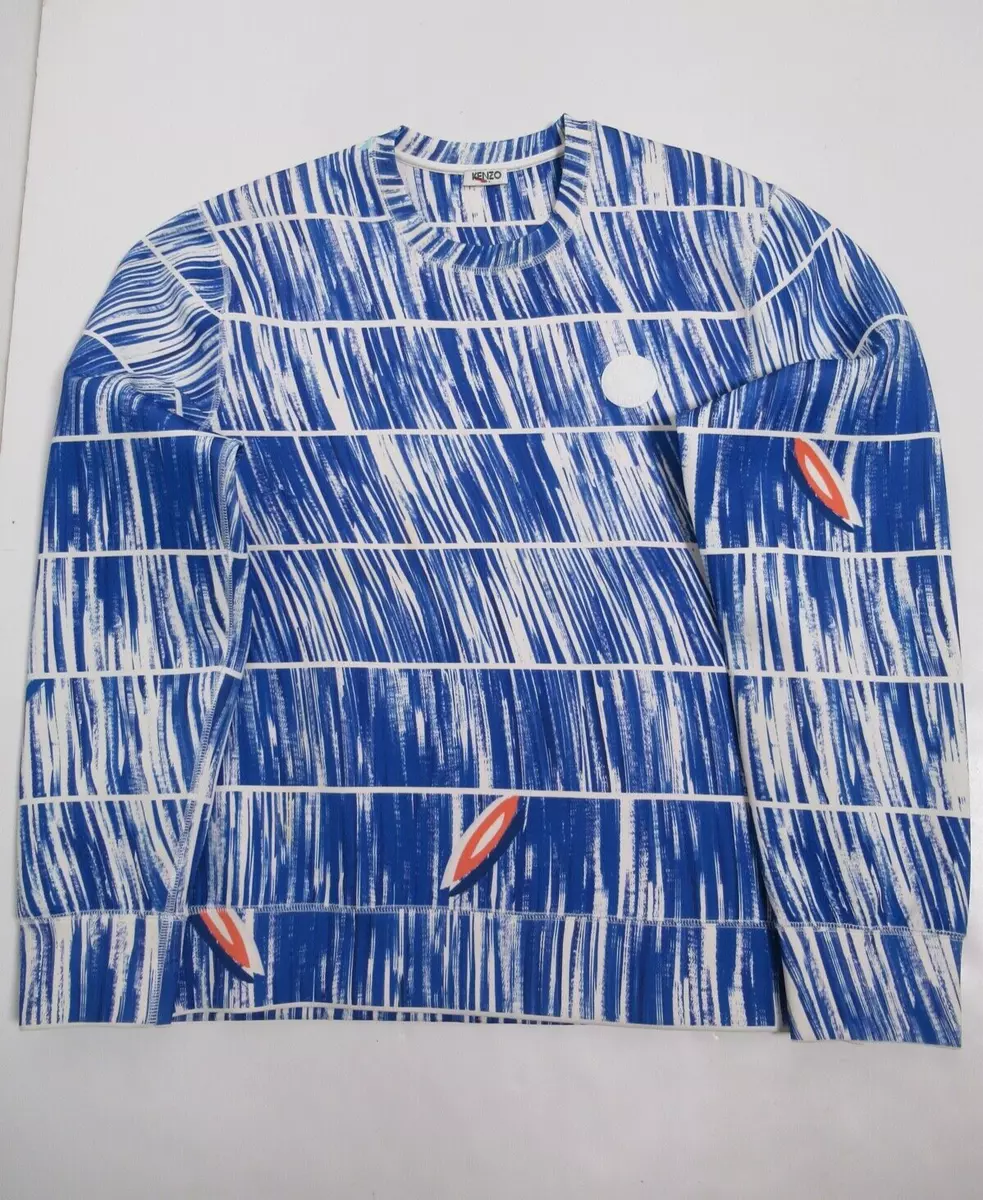 Kenzo Wave Printed Neoprene Long Sleeve Sweatshirt Pullover Blue White Size XL