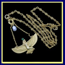 Wiese Antique Necklace Chain Pendant Egyptian Revival Gold Emerald Pearl (6570)
