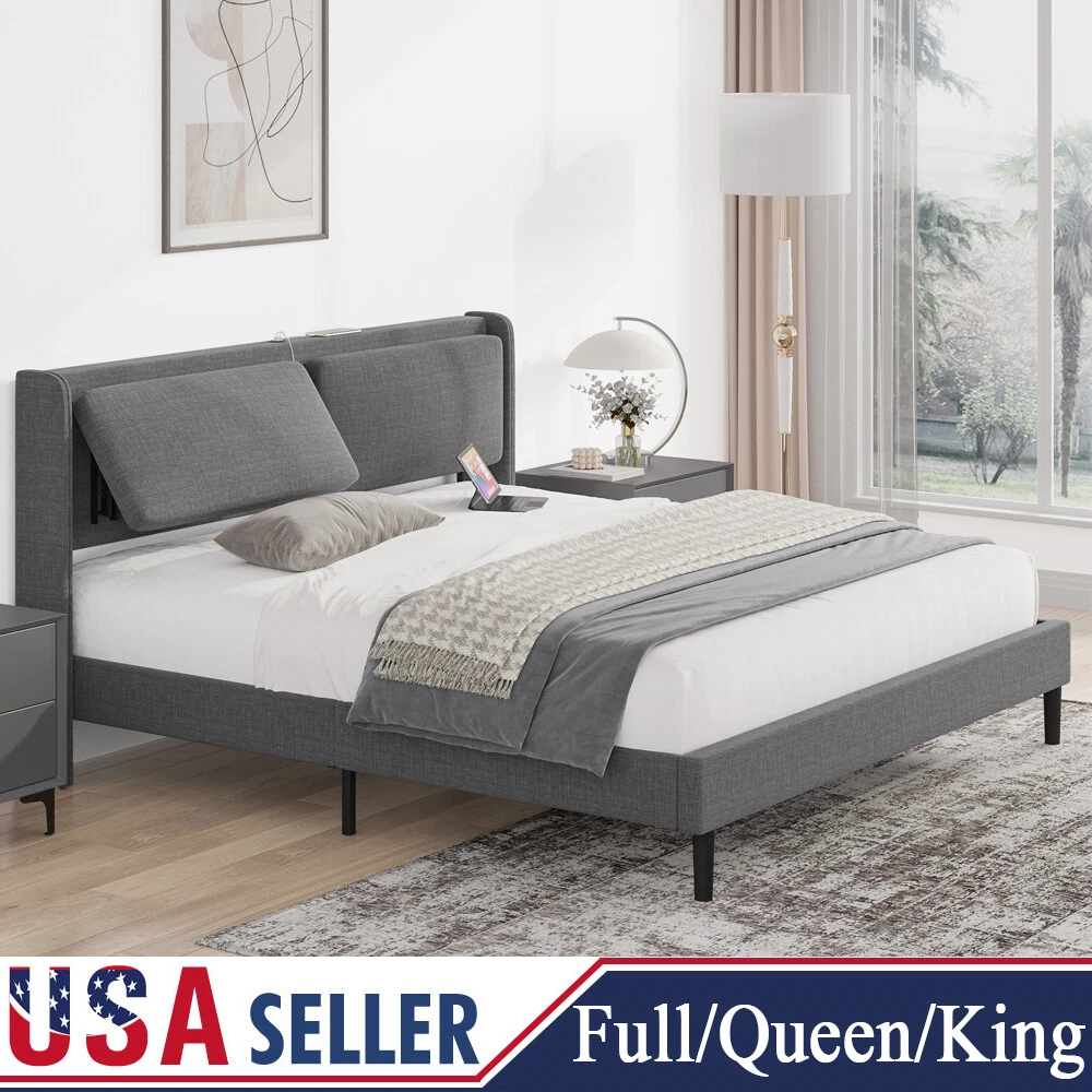 Heavy Duty Platform Bed Frame with Adjustable Upholstered Backrest
