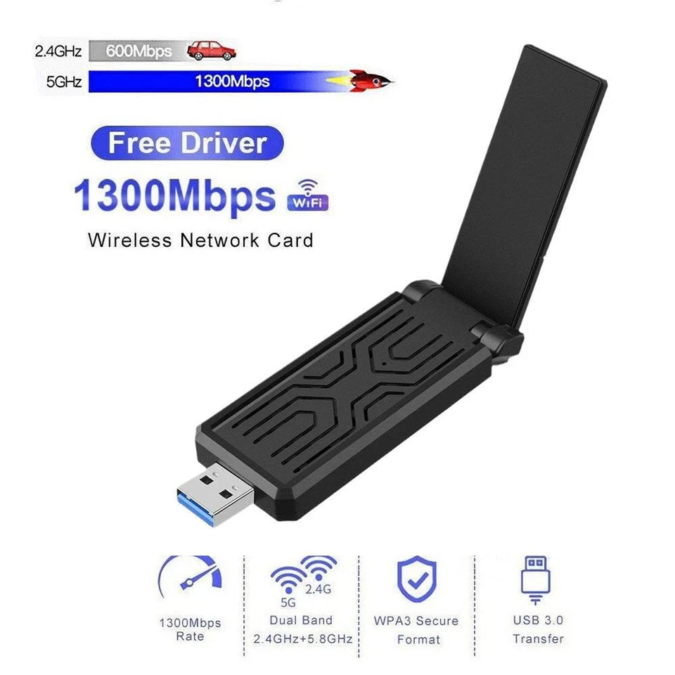 1300 Mbps Wireless USB WiFi Network Adapter LAN Card w/Antenna 802.11N For PC AA - Image 3 of 4
