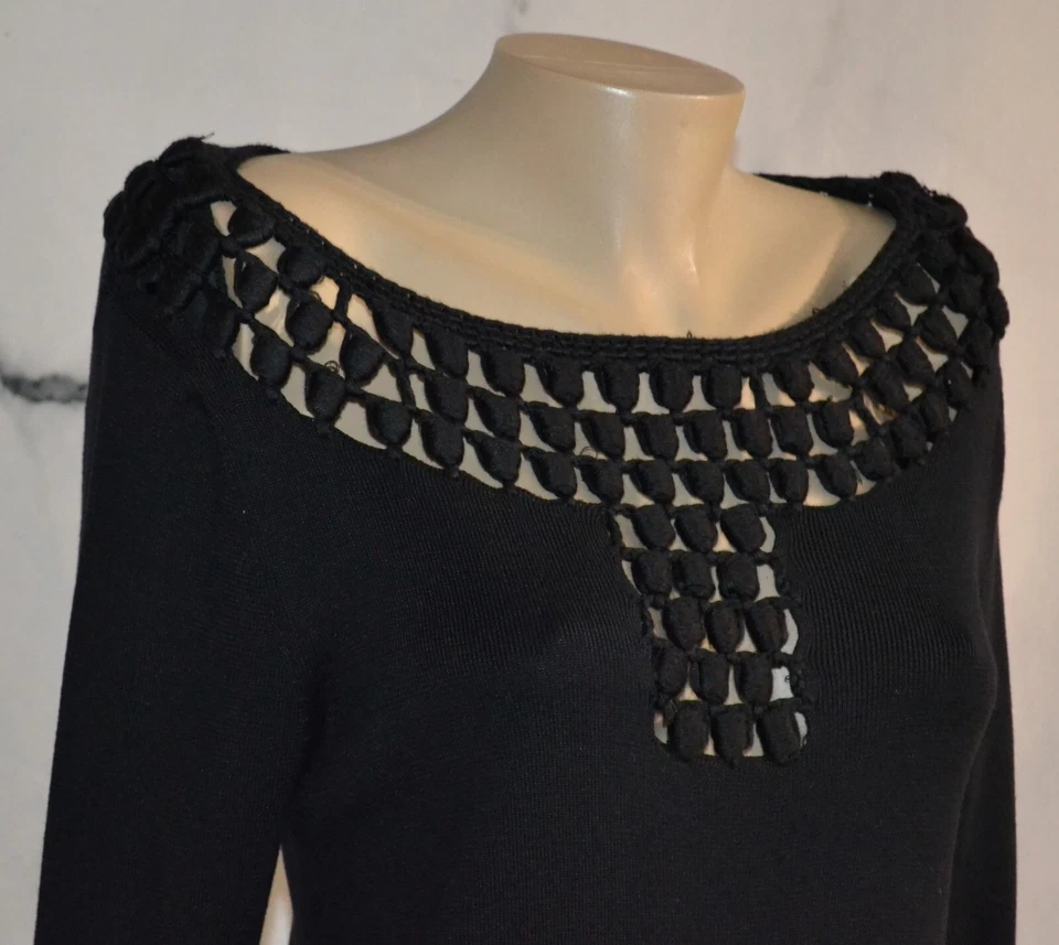 Vestido MILLY Negro Seda Algodón Cachemira Tejido Medio Abierto Puños Escote Foto 3 de 4