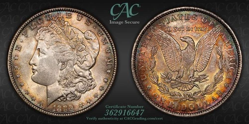 CACG MS-63 1889-P Morgan Silver Dollar, Rich, Irridecent Rainbow-Toning!