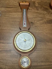 Airguide Vintage Banjo Style Mahogany & Brass Weather Station Barometer AIC.