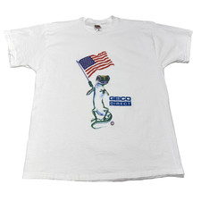 Geico Gecko American Flag Tee Shirt Mens XL White Auto Promo USA Made VTG Y2K