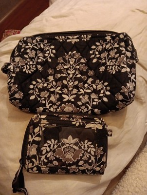 2pc Vera Bradley Chandelier Noir  Zip ID Case Wallet /makeup Bag Black White 