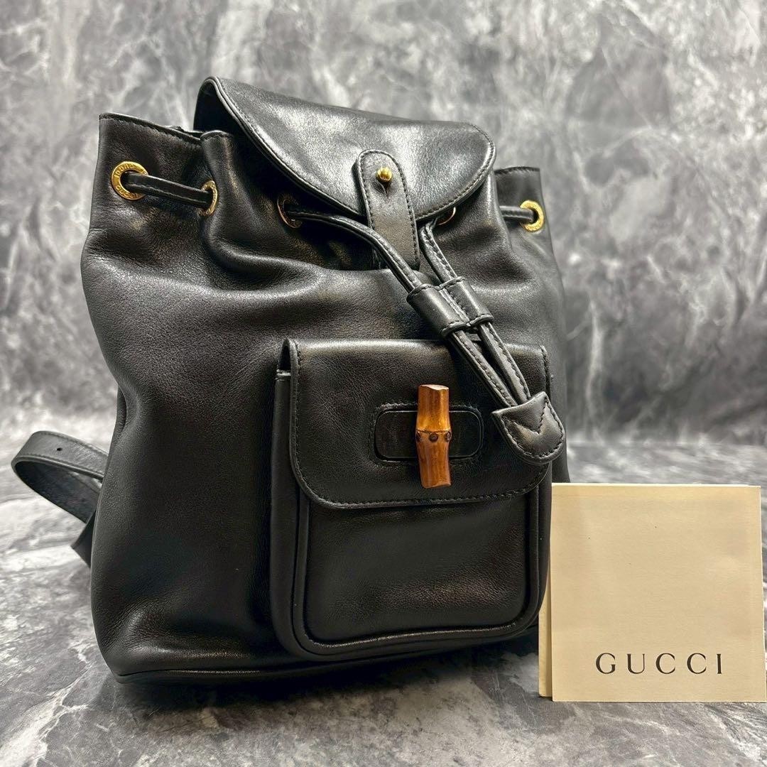 GUCCI 03.2265.0030 Zaino in pelle di bambù nero oro logo hardware dal Giappone