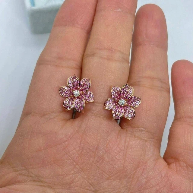 1Ct Round Lab Created Sapphire Women's Flower Stud Earrings 14K Rose Gold Plated - Image 2 of 4