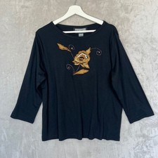 Vintage Indigo Moon Black Embroidered Floral Sequin Top 1X QVC Boho Artsy Y2K