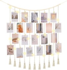 Macrame Hanging Photo Display Boho Wall Decor with String Lights Wooden Beads